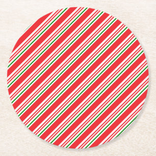 Red Green and White Candy Cane Pattern Custom Round Paper Coaster