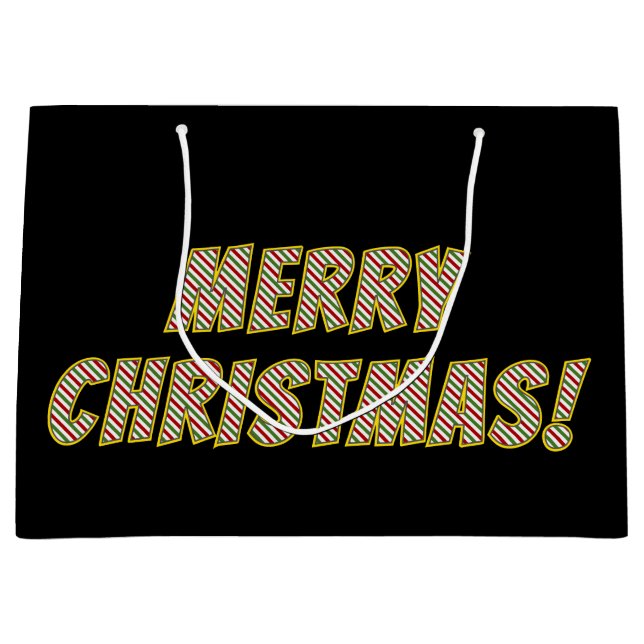 Red, Green and White Striped "MERRY CHRISTMAS!" Large Gift Bag (Front)