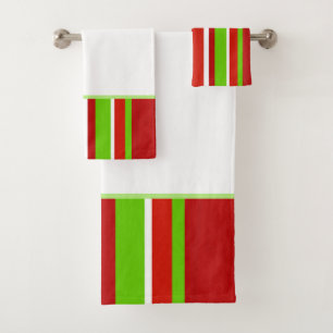 Red Green and White Stripes Bath Towel Set