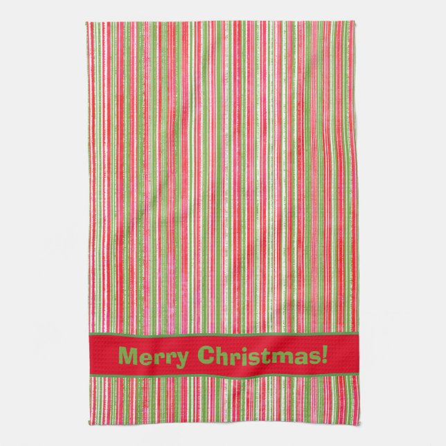 Red, Green, and White Stripes Monogram Kitchen Towel (Vertical)