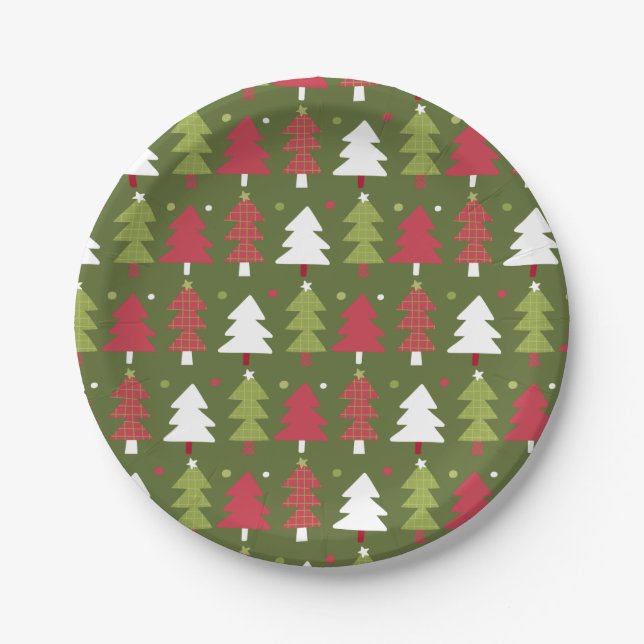 Red, Green, and White Trees  with Green Back  Paper Plate (Front)
