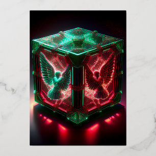 Red & Green Angels Watch Over Metallic Light Box Foil Holiday Card