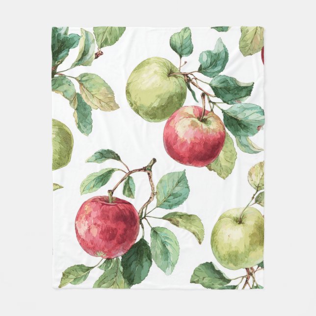 Red Green Apple Fruit Pattern Watercolor Rustic  Fleece Blanket (Front)