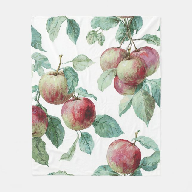 Red Green Apple Fruit Pattern Watercolor Rustic  Fleece Blanket (Front)
