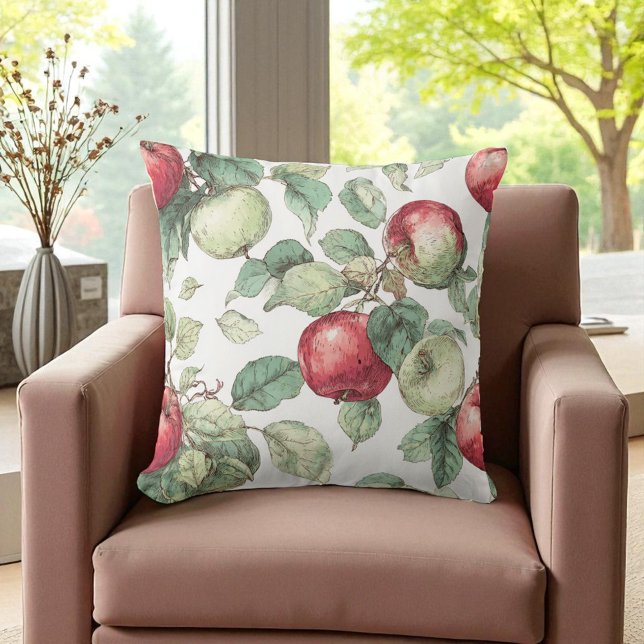 Red Green Apple Fruit Pattern Watercolor Rustic  Throw Pillow (Red Green Apple Fruit Pattern Watercolor Rustic Throw Pillow)