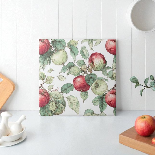 Red Green Apple Fruit Pattern Watercolor Rustic  Tile (Red Green Apple Fruit Pattern Watercolor Rustic Ceramic Tile)