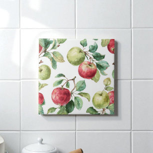 Red Green Apple Fruit Pattern Watercolor Rustic  Tile
