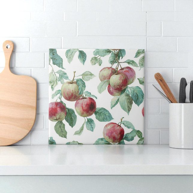 Red Green Apple Fruit Pattern Watercolor Rustic  Tile (Red Green Apple Fruit Pattern Watercolor Rustic Ceramic Tile)