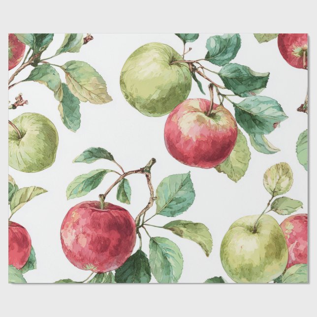 Red Green Apple Fruit Pattern Watercolor Rustic  Wrapping Paper (Flat)