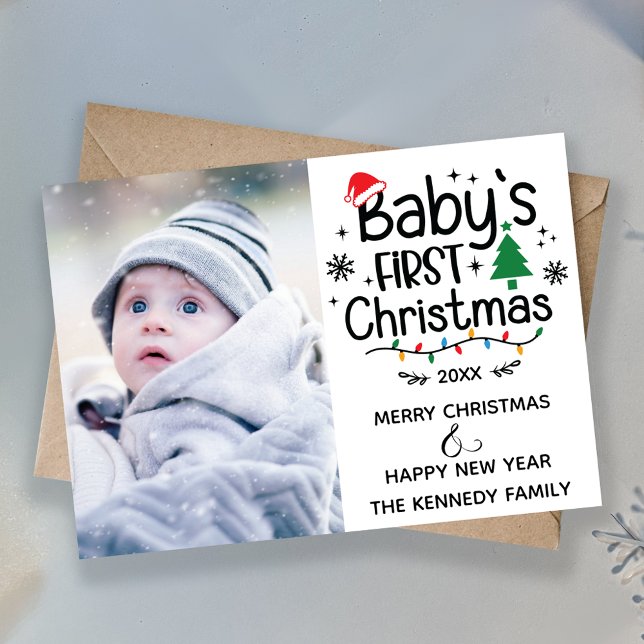 Red & Green Baby's First Christmas Photo Holiday Card (Creator Uploaded)
