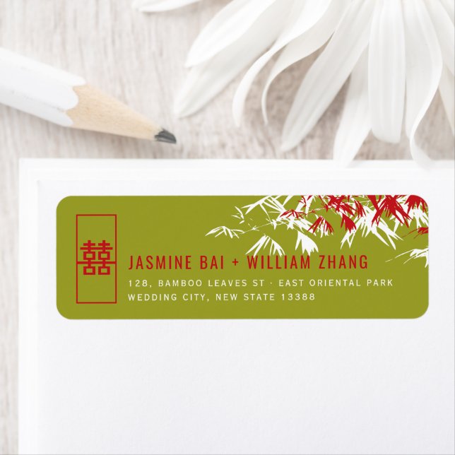Red & Green Bamboo Feuille Asian Mariage Adresse (En situation)