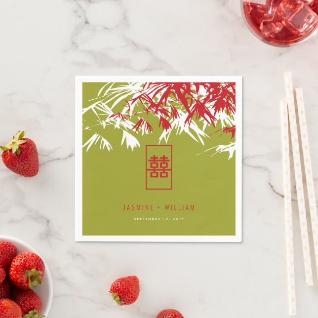 Red/Green Bamboo Leaves Double Xi Chinese Wedding Napkin (Insitu)