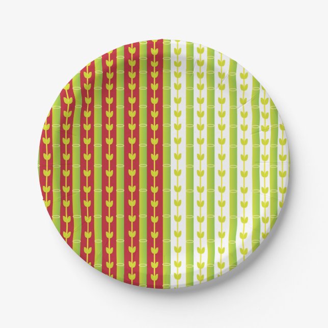 Red Green Bamboo Leaves Pattern Party Paper Plate (Front)