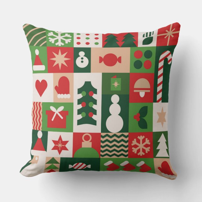 Red Green Bauhaus Christmas Festive Holidays Throw Pillow (Front)
