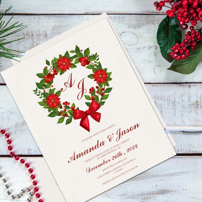 Red Green Berries and Poinsettia Christmas wedding (Red Green Berries and Poinsettia Christmas wedding Invitation)