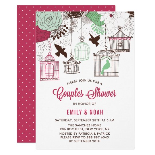 Red & Green Bird Cages Floral Couples Shower Card