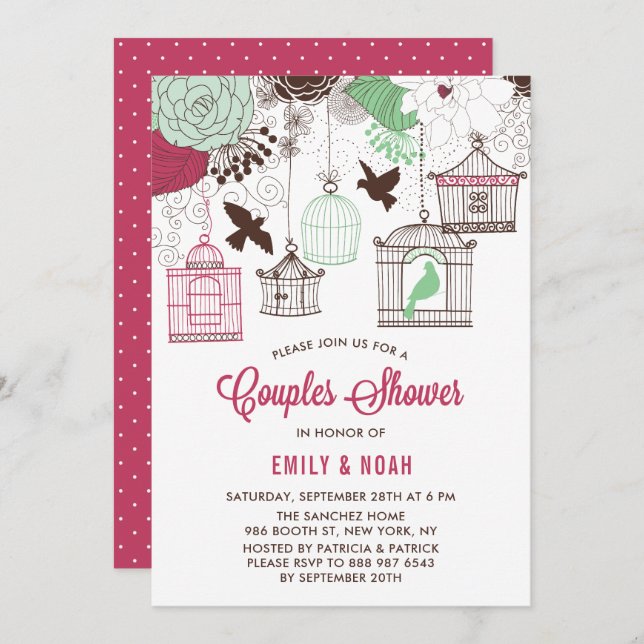Red & Green Bird Cages Floral Couples Shower Invitation (Front/Back)
