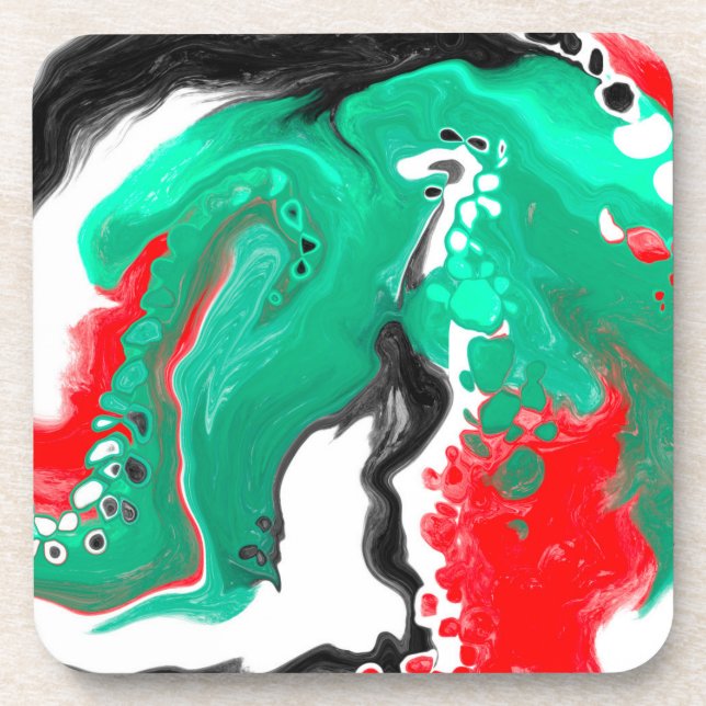 Red, Green, Black and White Marble Fluid Art     Coaster (Front)