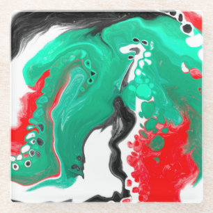 Red, Green, Black and White Marble Fluid Art Glass Coaster