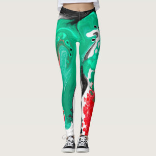 Red, Green, Black and White Marble Fluid Art Leggings