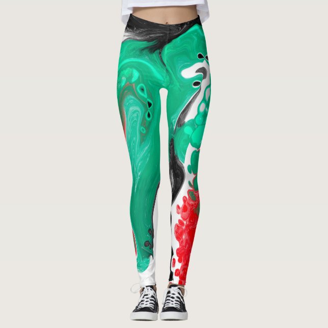 Red, Green, Black and White Marble Fluid Art  Leggings (Front)