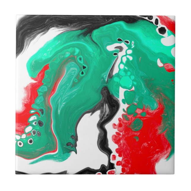 Red, Green, Black and White Marble Fluid Art   Tile (Front)