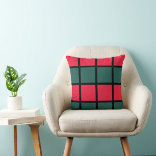 Red Green Black Chequered Stripes Pattern Throw Pillow