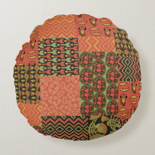 Red, Green, Black Egyptian Tribal Faux Patchwork Round Pillow