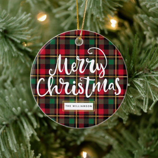 Red, Green, Black & Gold Christmas  Plaid Ceramic Ornament (Tree)