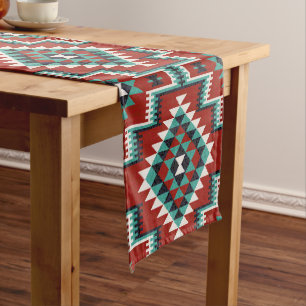 Red Green Black White Oriental Kilim Pattern Short Table Runner