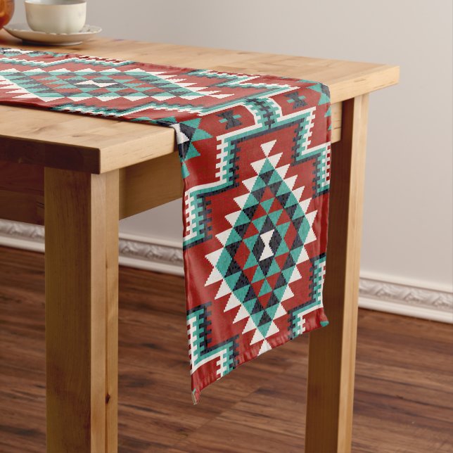 Red Green Black White Oriental Kilim Pattern Short Table Runner (In Situ)