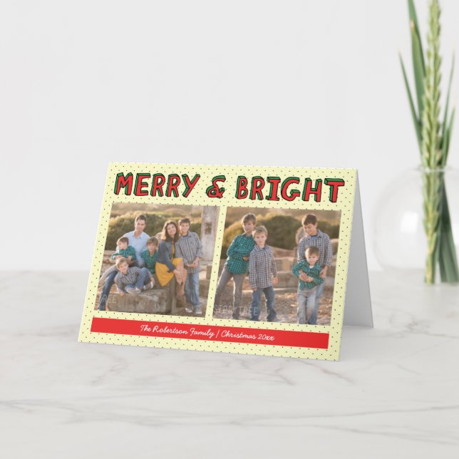 Red Green Blocks Merry & Bright Holiday Photo Card (Front)