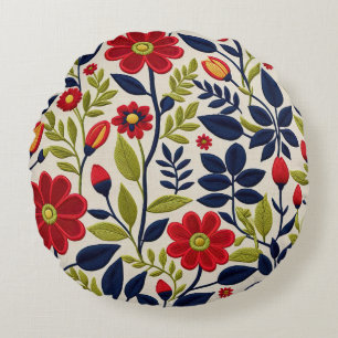 Red, green, blue and white floral round pillow