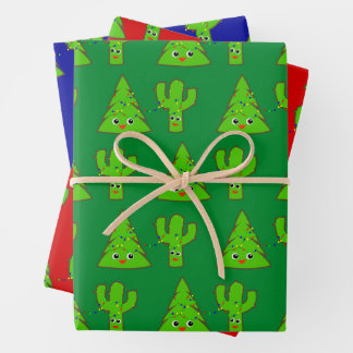 Red Green Blue Cute Tree Cactus Funny Christmas Wrapping Paper Sheet