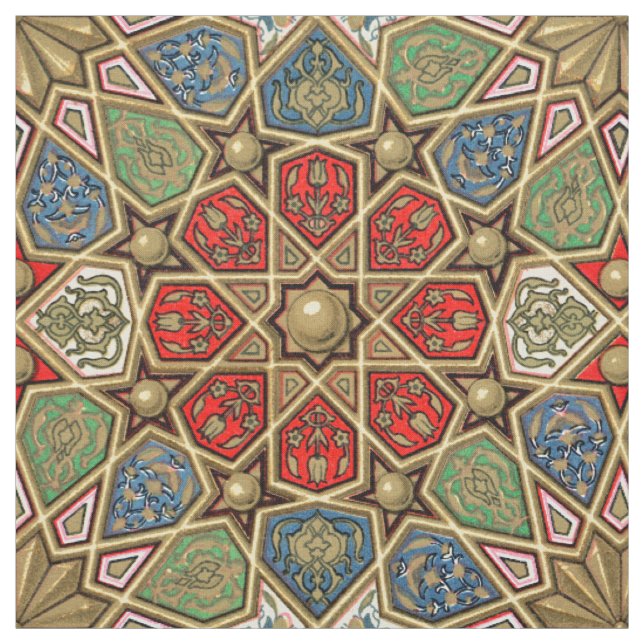 Red Green Blue Faux Gold Arabic Art Pattern Fabric (Swatch)