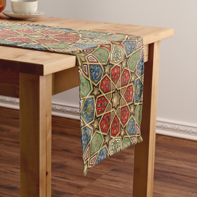 Red Green Blue Faux Gold Arabic Art Pattern Short Table Runner (In Situ)