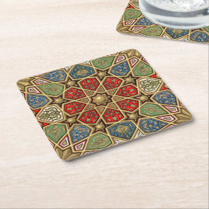 Red Green Blue Faux Gold Arabic Art Pattern Square Paper Coaster
