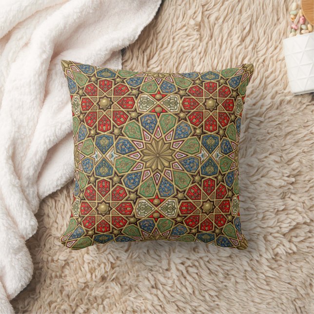 Red Green Blue Faux Gold Arabic Art Pattern Throw Pillow (Blanket)