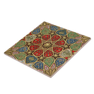 Red Green Blue Faux Gold Arabic Art Pattern Tile