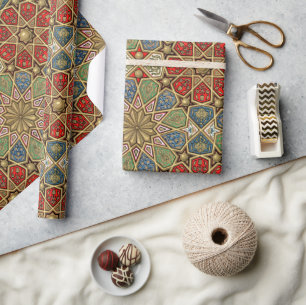 Red Green Blue Faux Gold Arabic Art Pattern Wrapping Paper