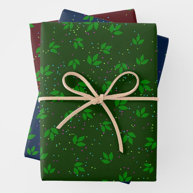 Red Green Blue Festive Seasonal Leaf Pattern Wrapping Paper Sheet (In situ)