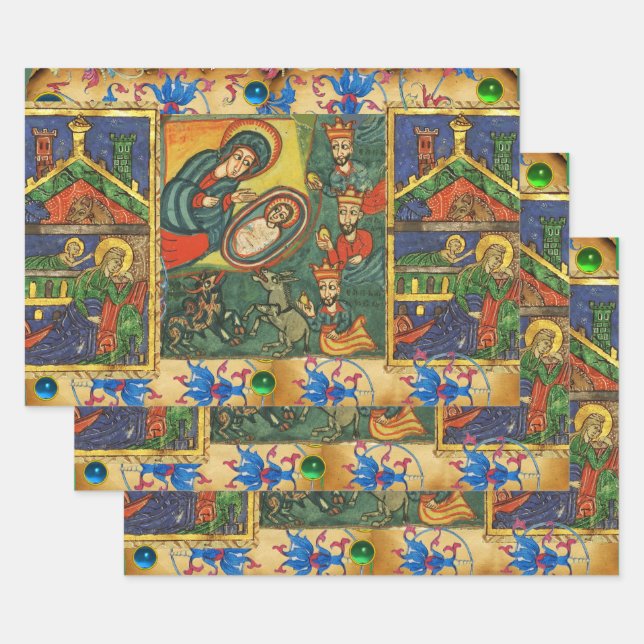 RED GREEN BLUE FLORAL NATIVITY CHRISTMAS PARCHMENT WRAPPING PAPER SHEET (Set)