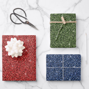 Red Green Blue Glitter Holiday Christmas Trendy Wrapping Paper Sheet