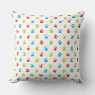 RED GREEN BLUE PAW PRINTS AND DOG BONES THROW PILLOW