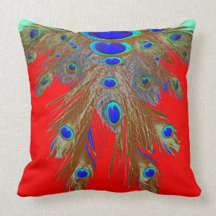 RED GREEN BLUE PEACOCK FEATHER JEWELS THROW PILLOW