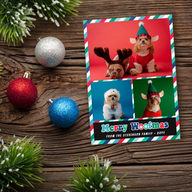 Red Green Blue Retro Merry Woofmas Photo Collage Holiday Card (Creator Uploaded)