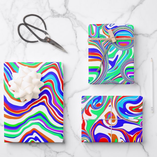 Red, Green, Blue, White Abstract squiggly Birthday Wrapping Paper Sheet (Front)