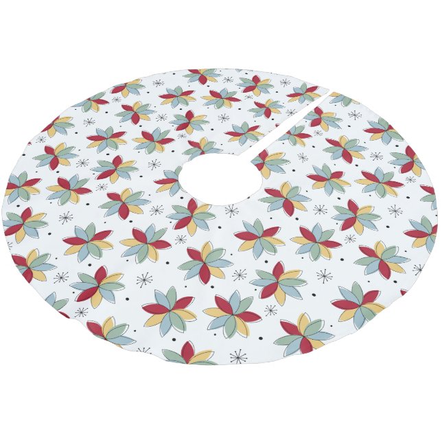 Red Green Blue Yellow Abstract Flowers Mid Century Brushed Polyester Tree Skirt (Angled)