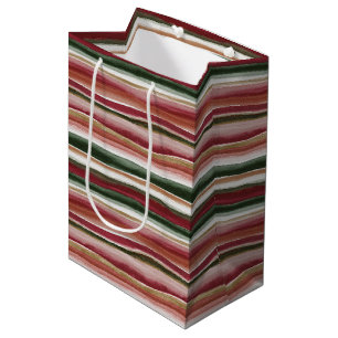 Red Green Blush White Gold Stripes Birthday Medium Gift Bag