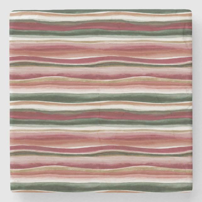 Red Green Blush White Gold Stripes Stone Coaster (Front)